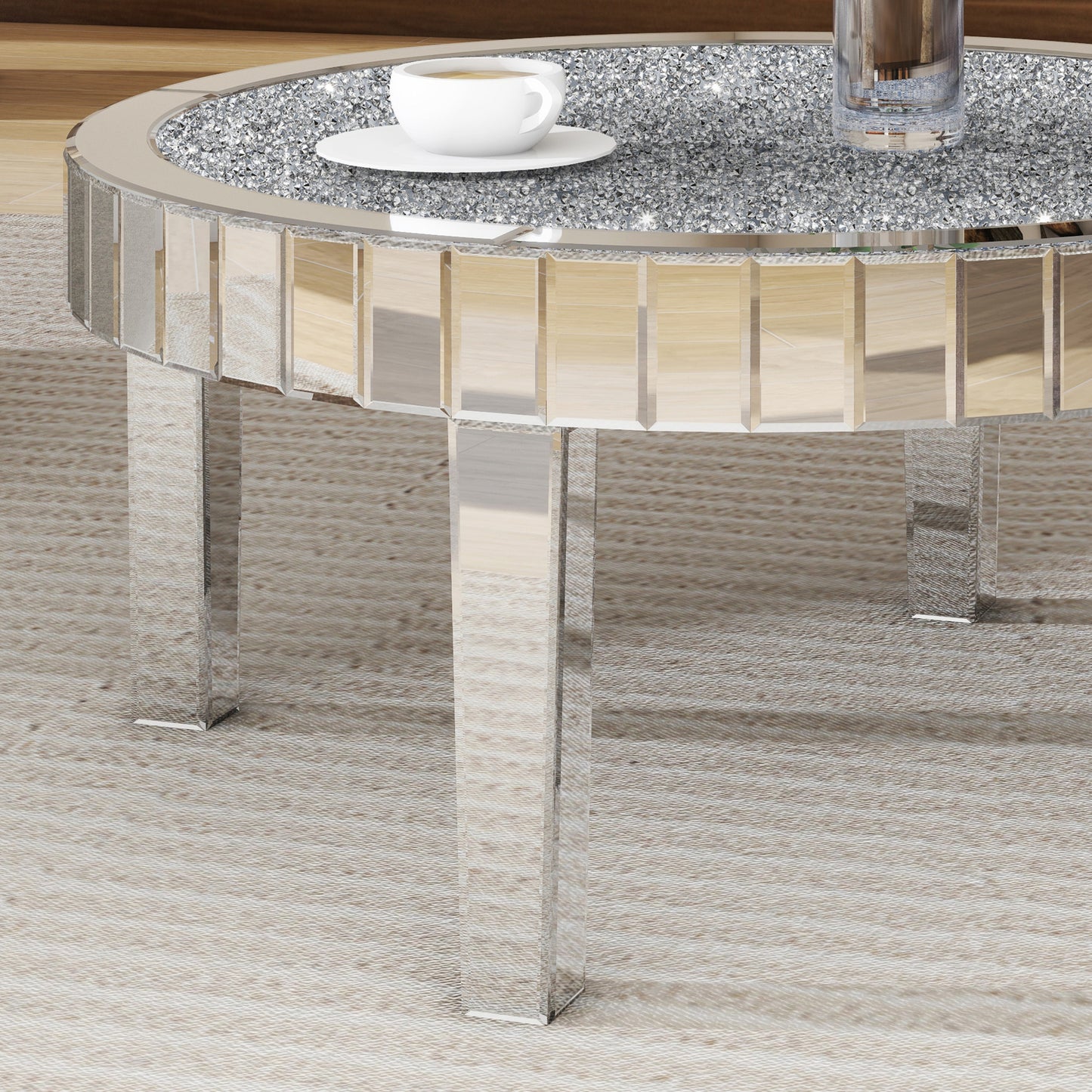 31" Silver Mirrored Glass and Faux Crystal Round Coffee Table