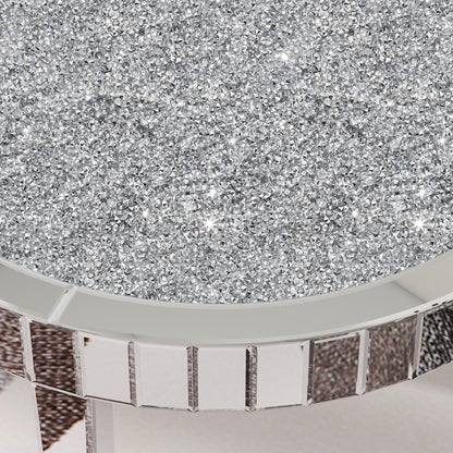 31" Silver Mirrored Glass and Faux Crystal Round Coffee Table