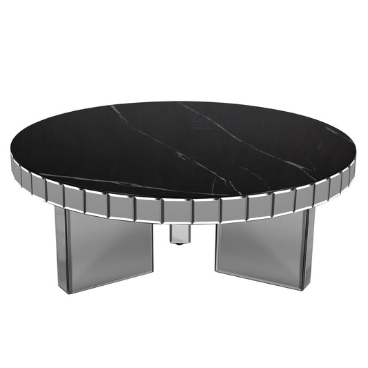 35" Silver And Black Mirrored Glass and Faux Marble Round Coffee Table