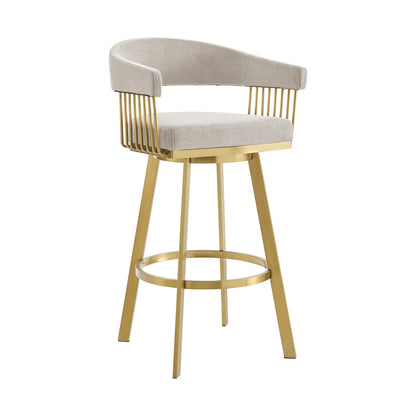 26" Taupe and Gold Fabric and Stainless Steel Low Back Counter Height Swivel Bar Chair