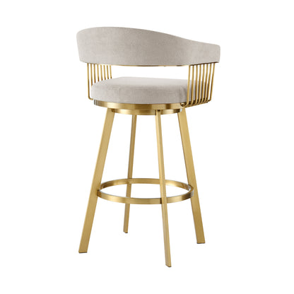 26" Taupe and Gold Fabric and Stainless Steel Low Back Counter Height Swivel Bar Chair