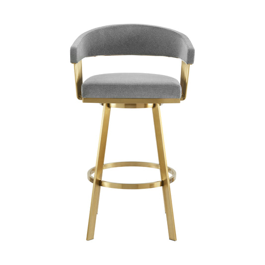 26" Gray and Gold Fabric and Stainless Steel Low Back Counter Height Swivel Bar Chair