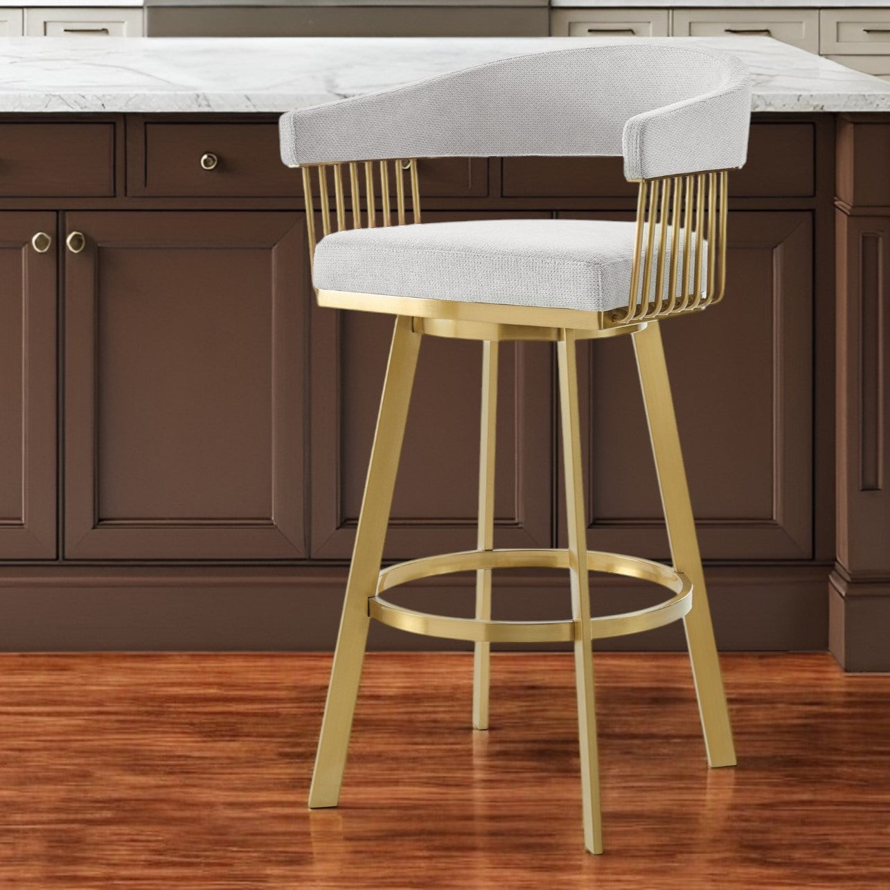 26" Silver and Gold Fabric and Stainless Steel Low Back Counter Height Swivel Bar Chair