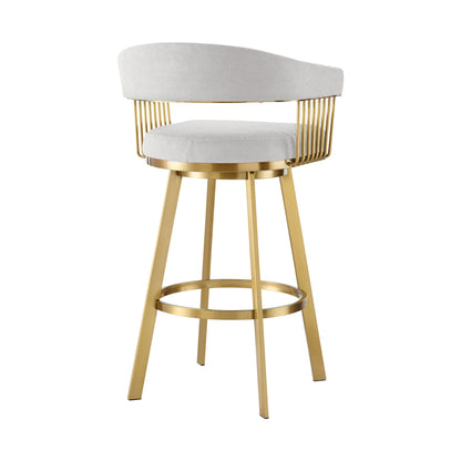 26" Silver and Gold Fabric and Stainless Steel Low Back Counter Height Swivel Bar Chair