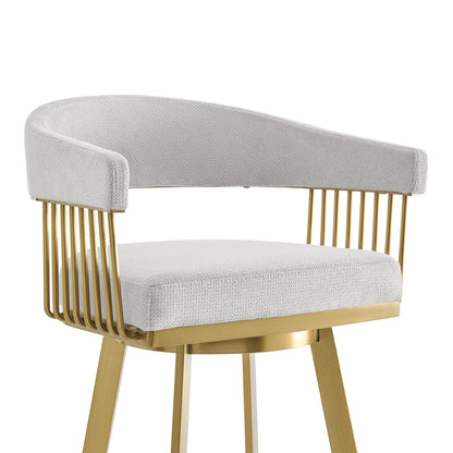 26" Silver and Gold Fabric and Stainless Steel Low Back Counter Height Swivel Bar Chair