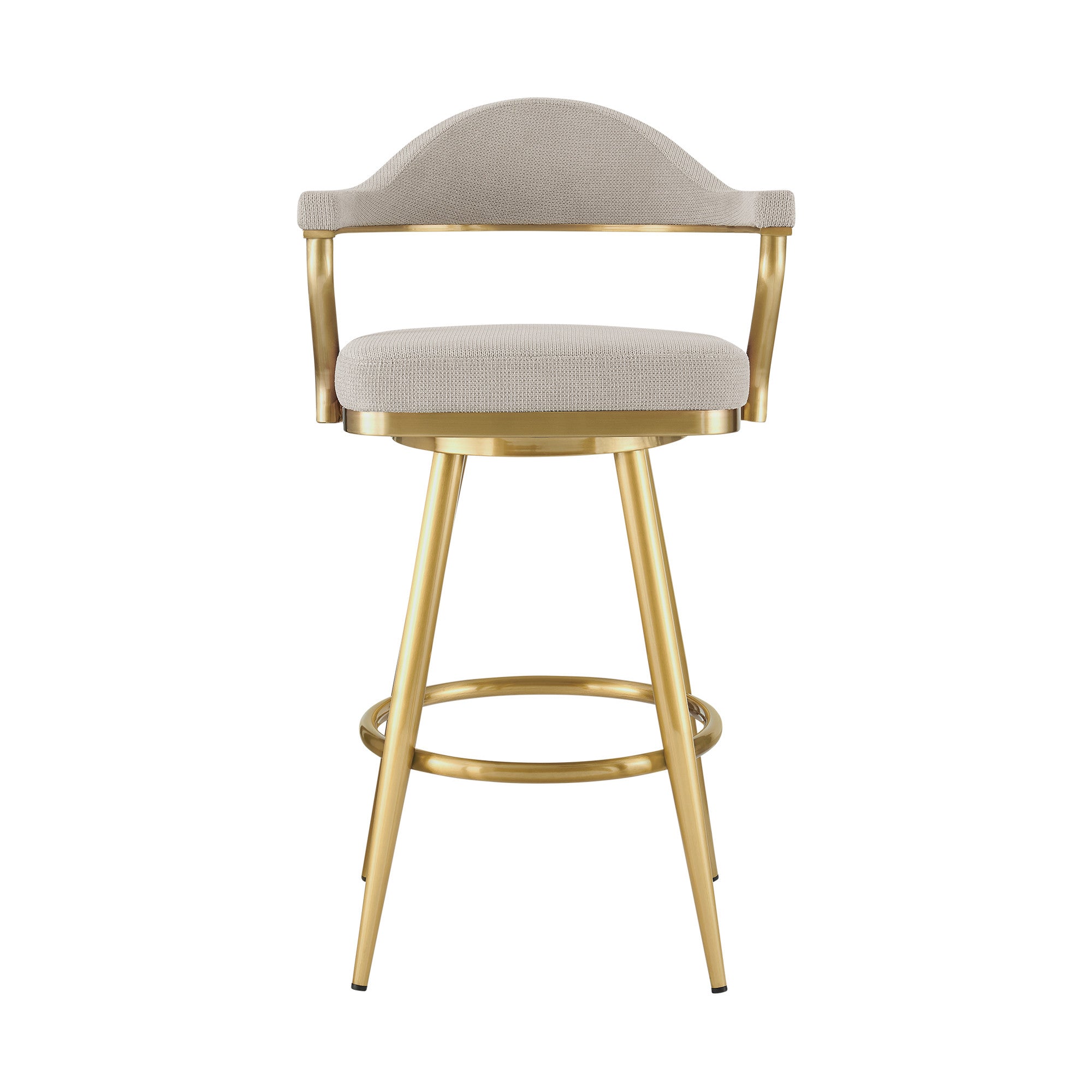 30" Taupe and Gold Fabric and Stainless Steel Bar Height Swivel Bar Chair