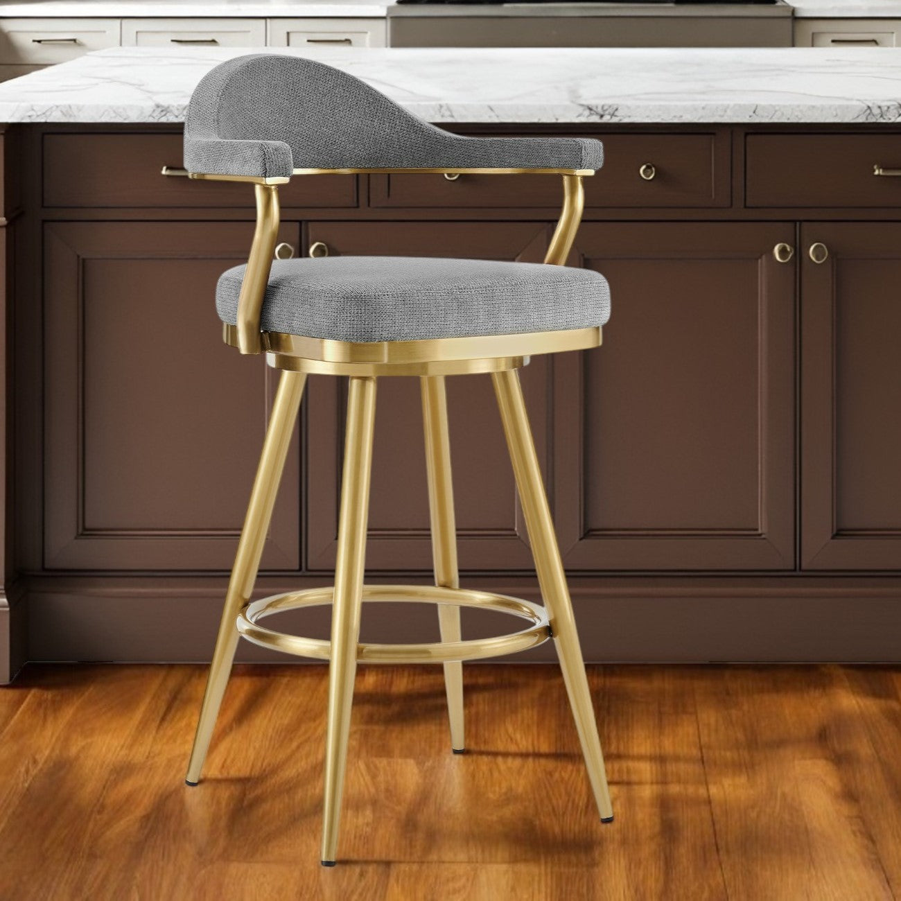 26" Gray and Gold Fabric and Stainless Steel Counter Height Swivel Bar Chair
