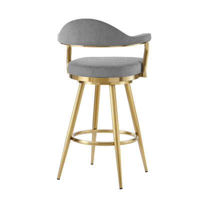 26" Gray and Gold Fabric and Stainless Steel Counter Height Swivel Bar Chair
