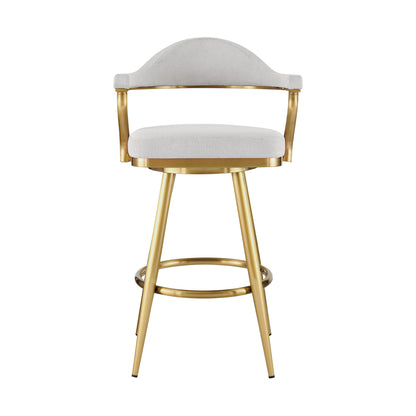 30" Silver and Gold Fabric and Stainless Steel Low Back Bar Height Swivel Bar Chair