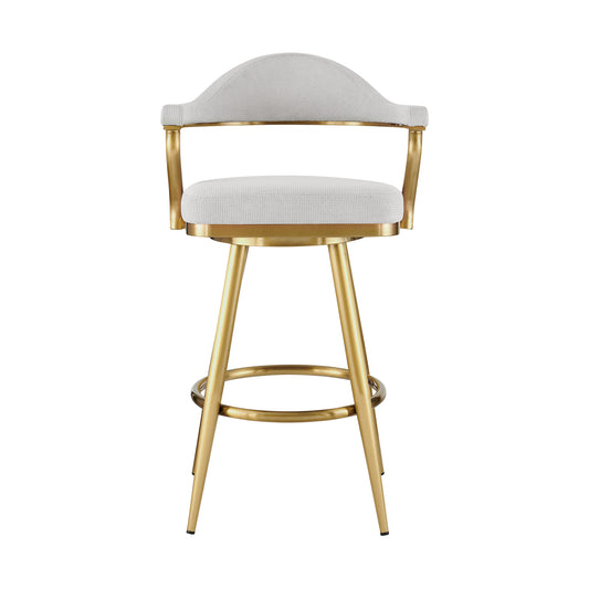30" Silver and Gold Fabric and Stainless Steel Low Back Bar Height Swivel Bar Chair