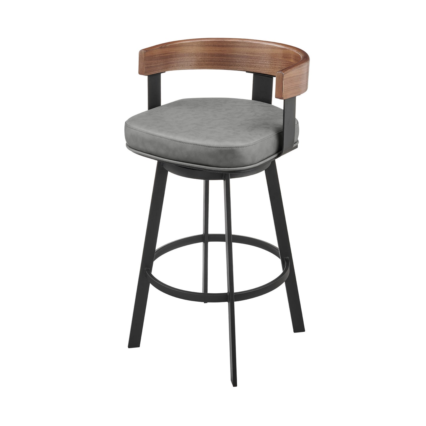 26" Gray and Black Faux Leather and Iron Low Back Counter Height Swivel Bar Chair