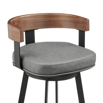 26" Gray and Black Faux Leather and Iron Low Back Counter Height Swivel Bar Chair
