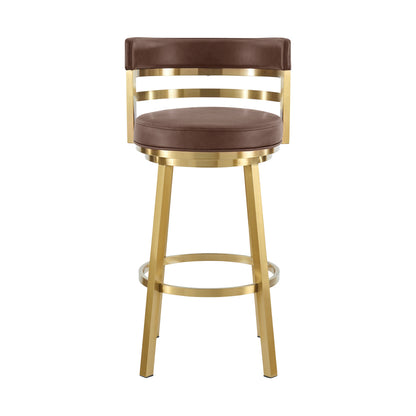 30" Coffee and Gold Faux Leather and Stainless Steel Low Back Bar Height Swivel Bar Chair