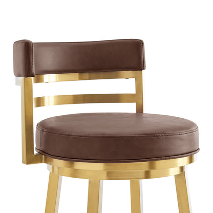 30" Coffee and Gold Faux Leather and Stainless Steel Low Back Bar Height Swivel Bar Chair