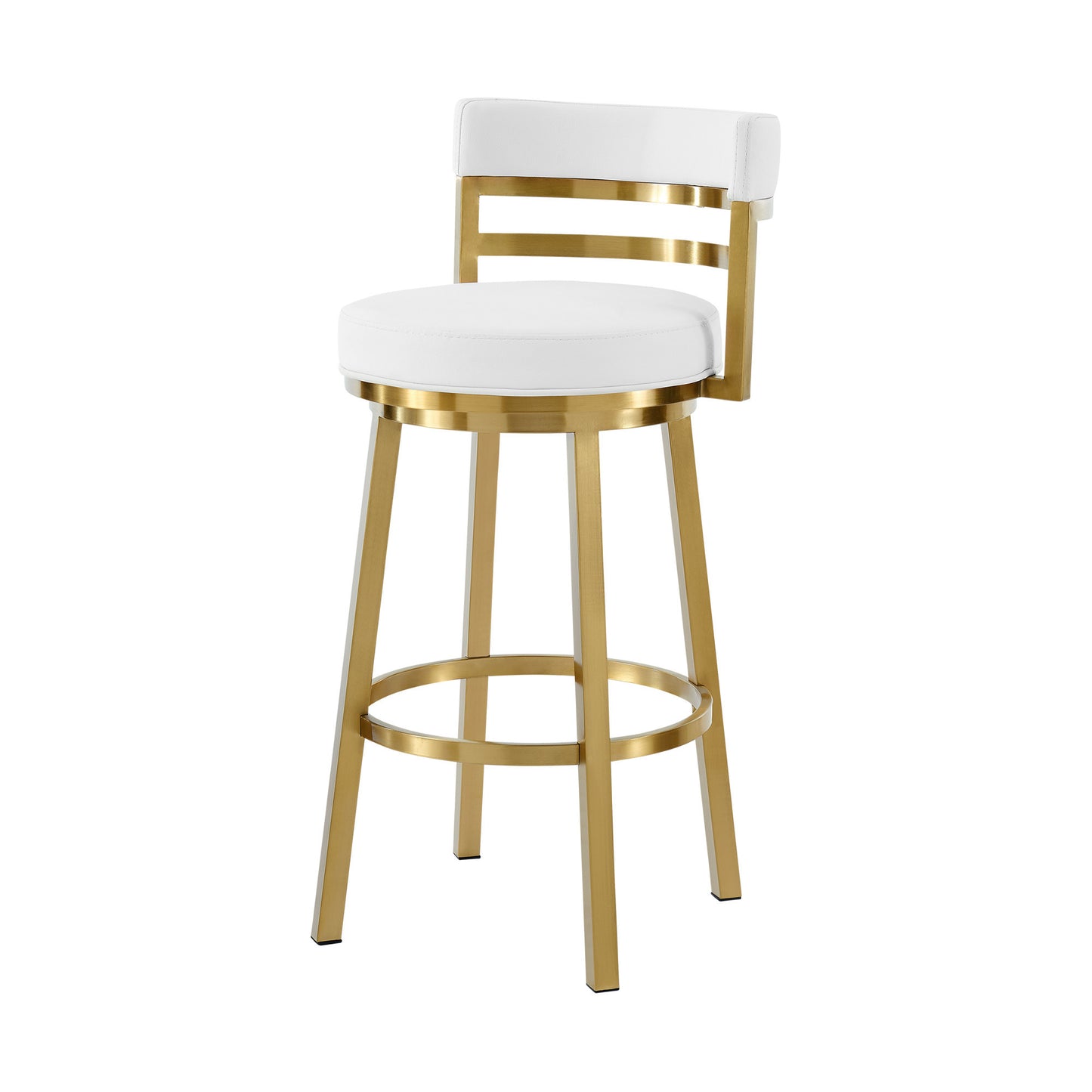 30" White and Gold Faux Leather and Stainless Steel Low Back Bar Height Swivel Bar Chair