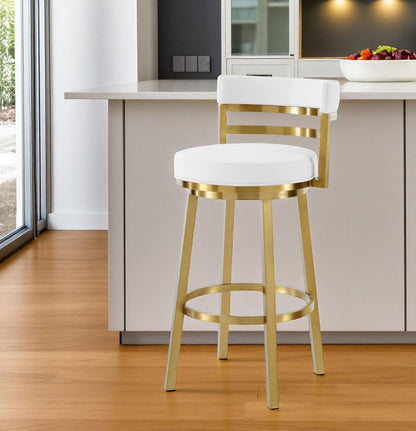 30" White and Gold Faux Leather and Stainless Steel Low Back Bar Height Swivel Bar Chair