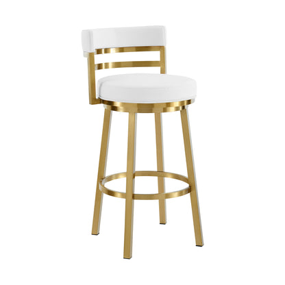 30" White and Gold Faux Leather and Stainless Steel Low Back Bar Height Swivel Bar Chair