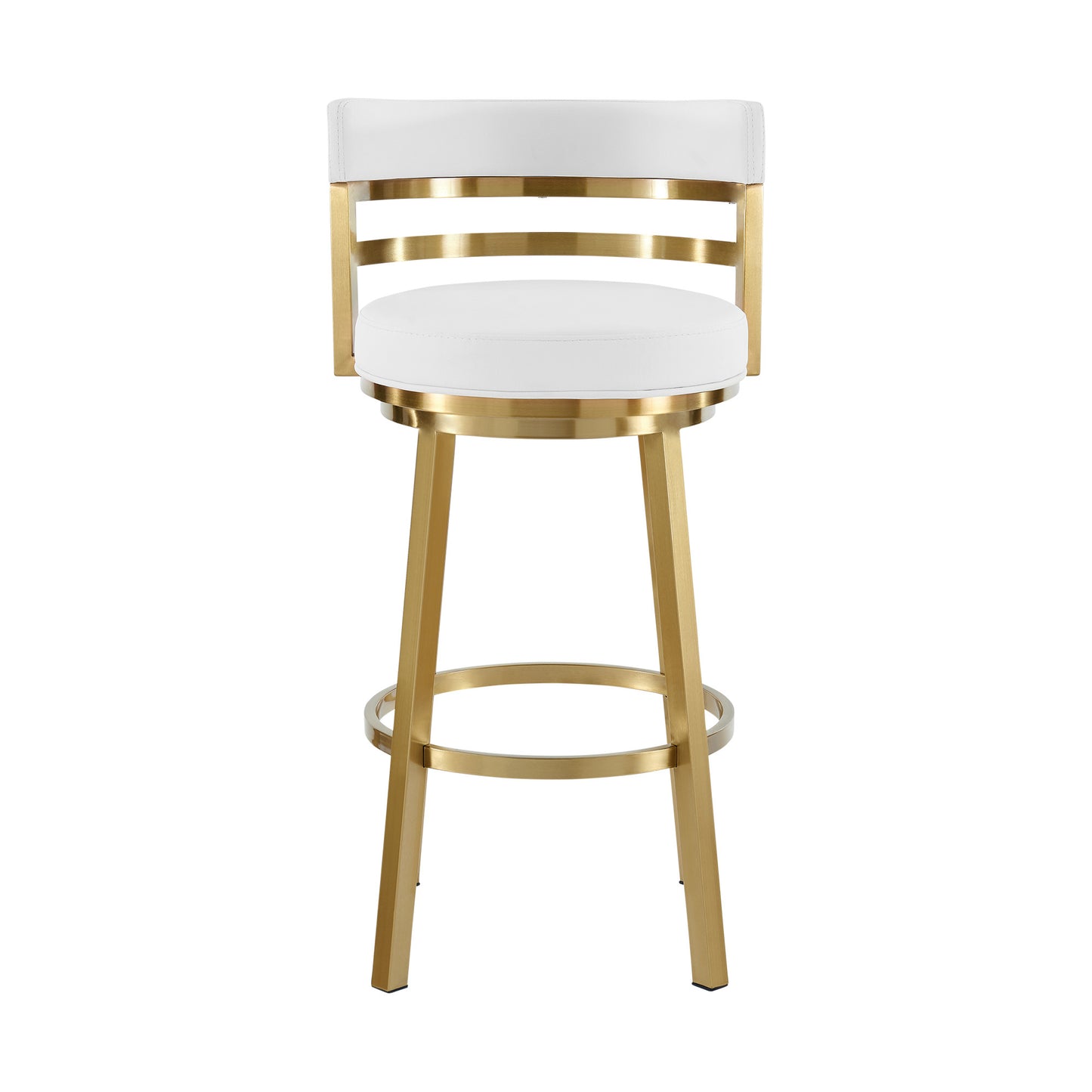 30" White and Gold Faux Leather and Stainless Steel Low Back Bar Height Swivel Bar Chair