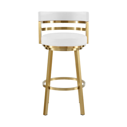 30" White and Gold Faux Leather and Stainless Steel Low Back Bar Height Swivel Bar Chair