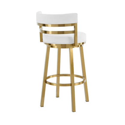 30" White and Gold Faux Leather and Stainless Steel Low Back Bar Height Swivel Bar Chair