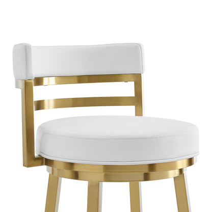 30" White and Gold Faux Leather and Stainless Steel Low Back Bar Height Swivel Bar Chair