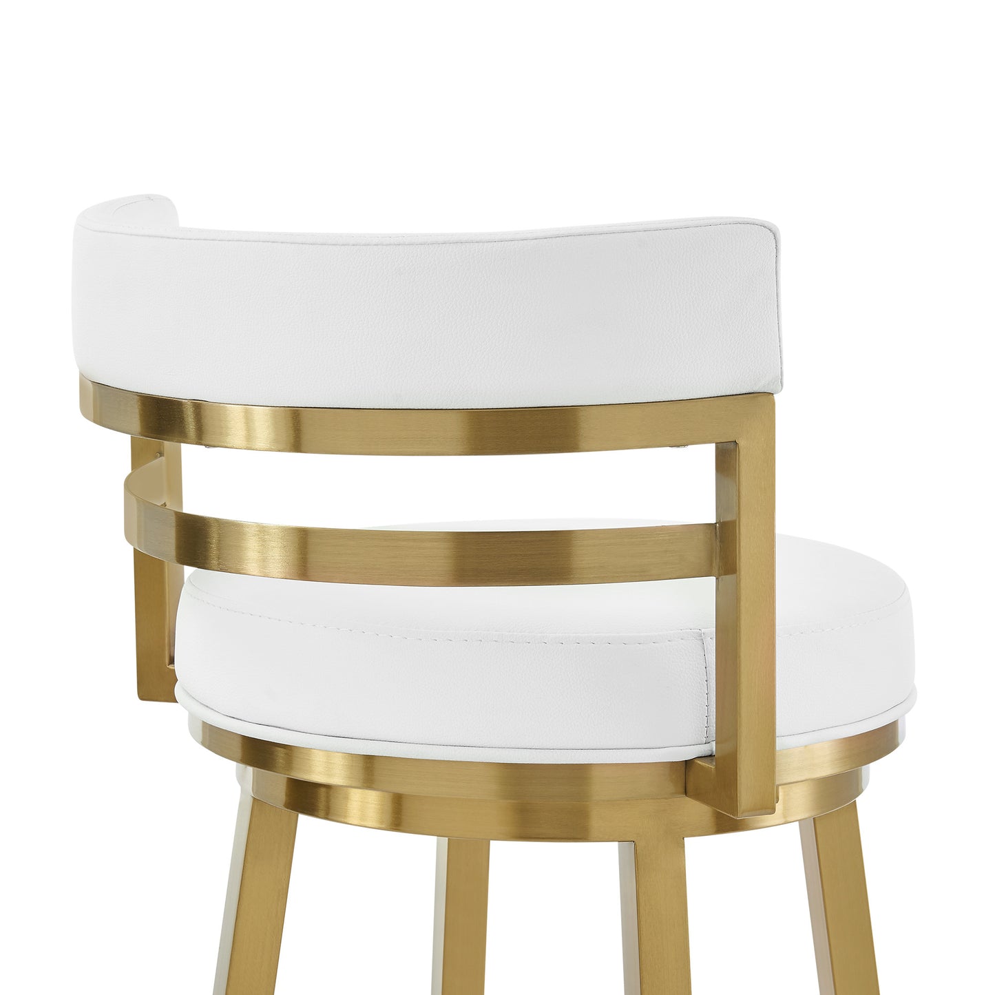 30" White and Gold Faux Leather and Stainless Steel Low Back Bar Height Swivel Bar Chair