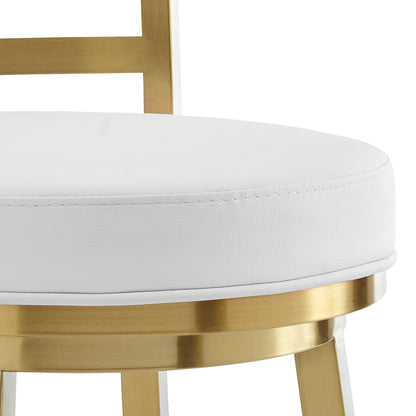 30" White and Gold Faux Leather and Stainless Steel Low Back Bar Height Swivel Bar Chair