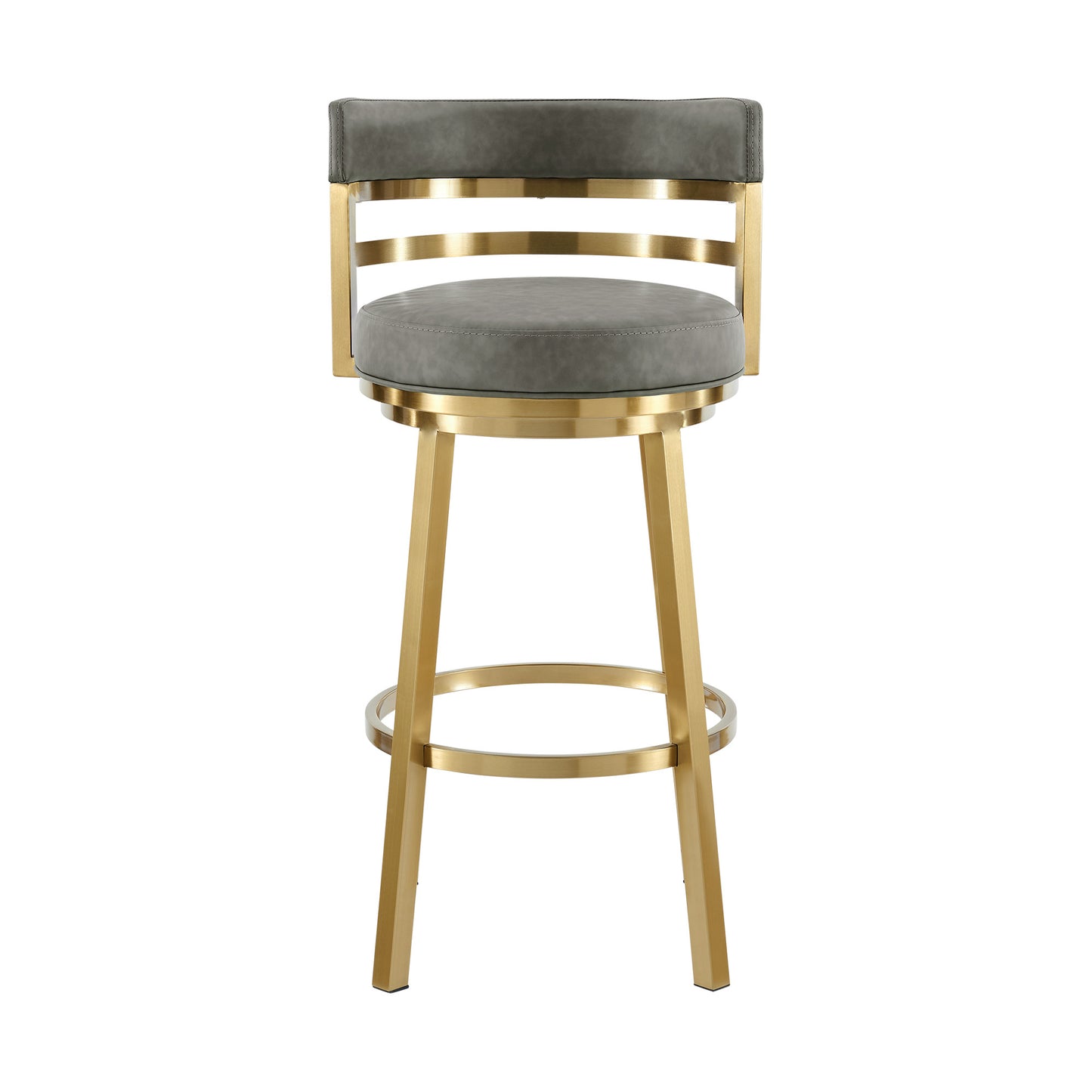 30" Gray and Gold Faux Leather and Stainless Steel Low Back Bar Height Swivel Bar Chair