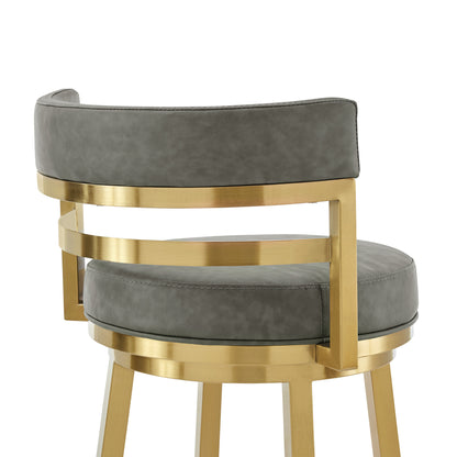 30" Gray and Gold Faux Leather and Stainless Steel Low Back Bar Height Swivel Bar Chair