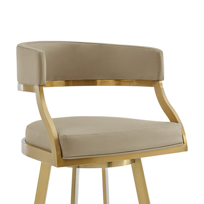 30" Sand and Gold Faux Leather and Stainless Steel Low Back Bar Height Swivel Bar Chair