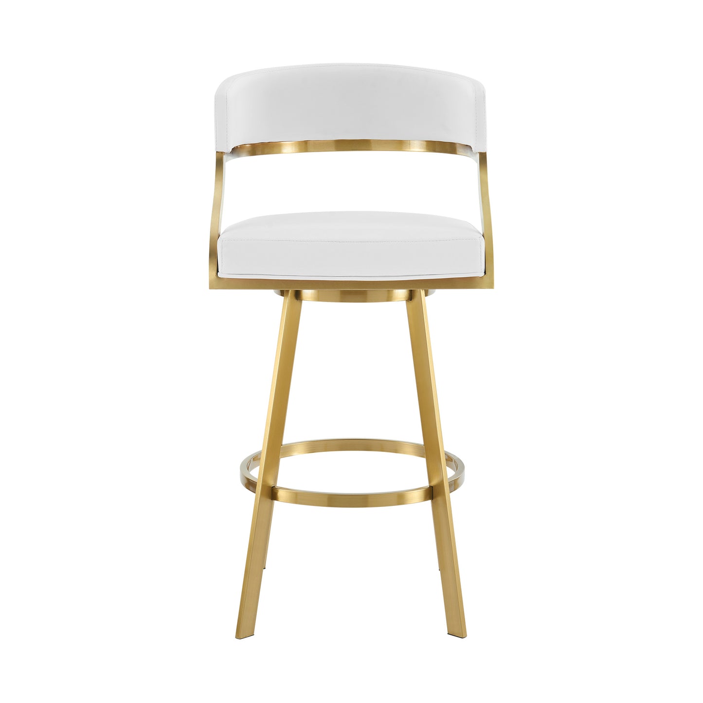 26" White and Gold Faux Leather and Stainless Steel Low Back Counter Height Swivel Bar Chair