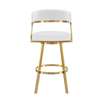26" White and Gold Faux Leather and Stainless Steel Low Back Counter Height Swivel Bar Chair