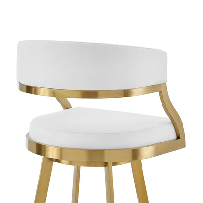 26" White and Gold Faux Leather and Stainless Steel Low Back Counter Height Swivel Bar Chair