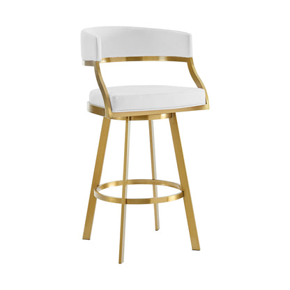 30" White and Gold Faux Leather and Stainless Steel Low Back Bar Height Swivel Bar Chair