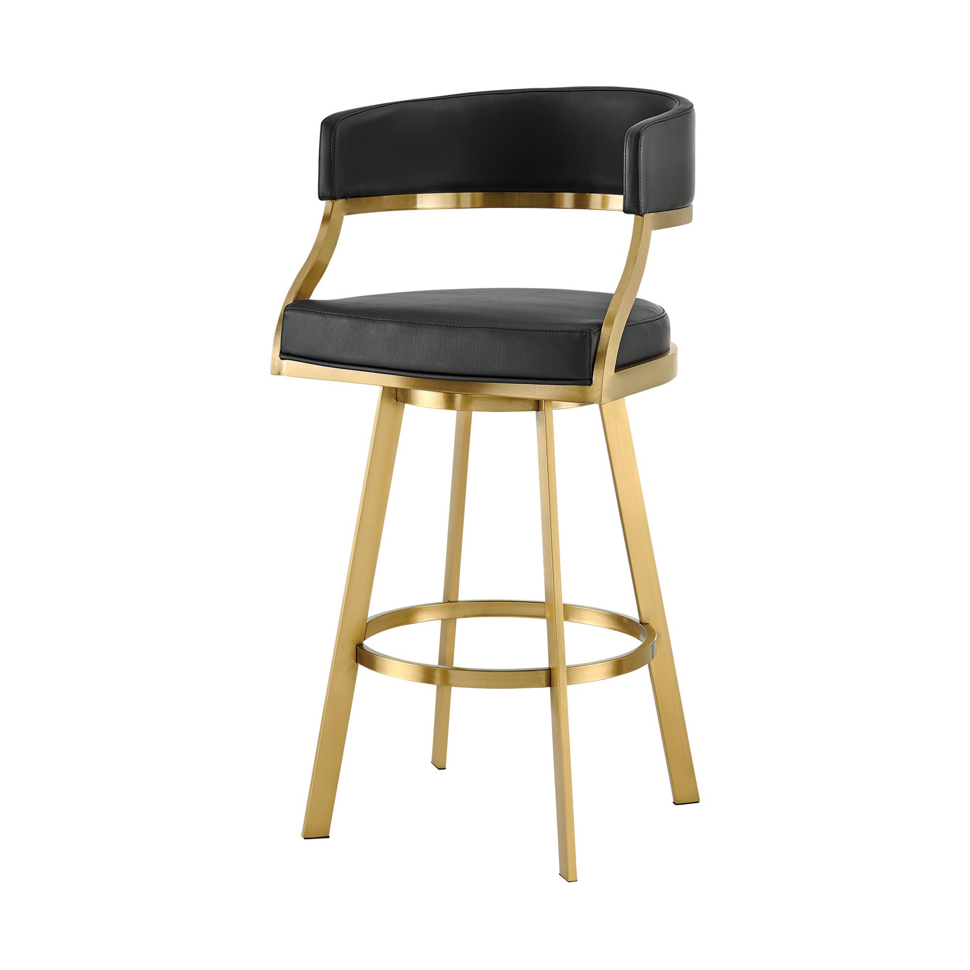 30" Black and Gold Faux Leather and Stainless Steel Low Back Bar Height Swivel Bar Chair