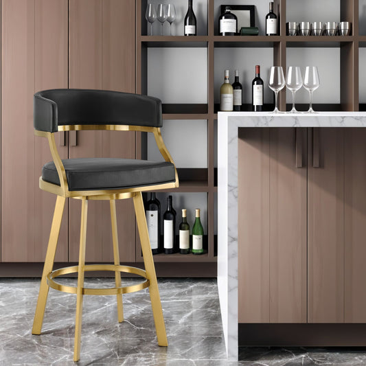 30" Black and Gold Faux Leather and Stainless Steel Low Back Bar Height Swivel Bar Chair