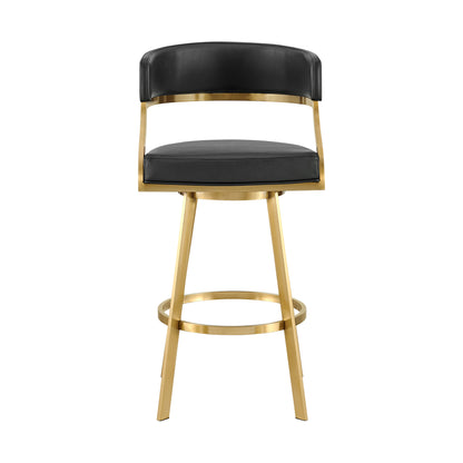 30" Black and Gold Faux Leather and Stainless Steel Low Back Bar Height Swivel Bar Chair