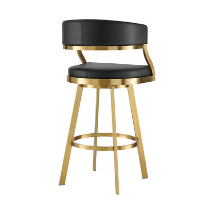 30" Black and Gold Faux Leather and Stainless Steel Low Back Bar Height Swivel Bar Chair