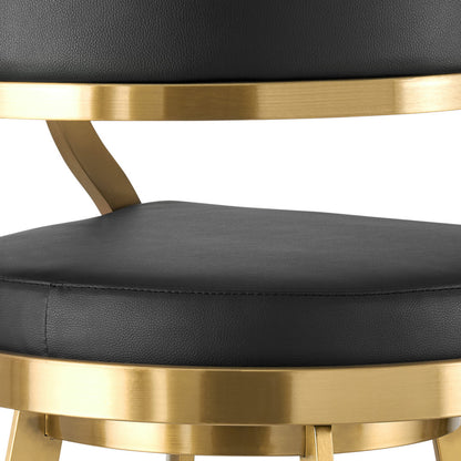 30" Black and Gold Faux Leather and Stainless Steel Low Back Bar Height Swivel Bar Chair