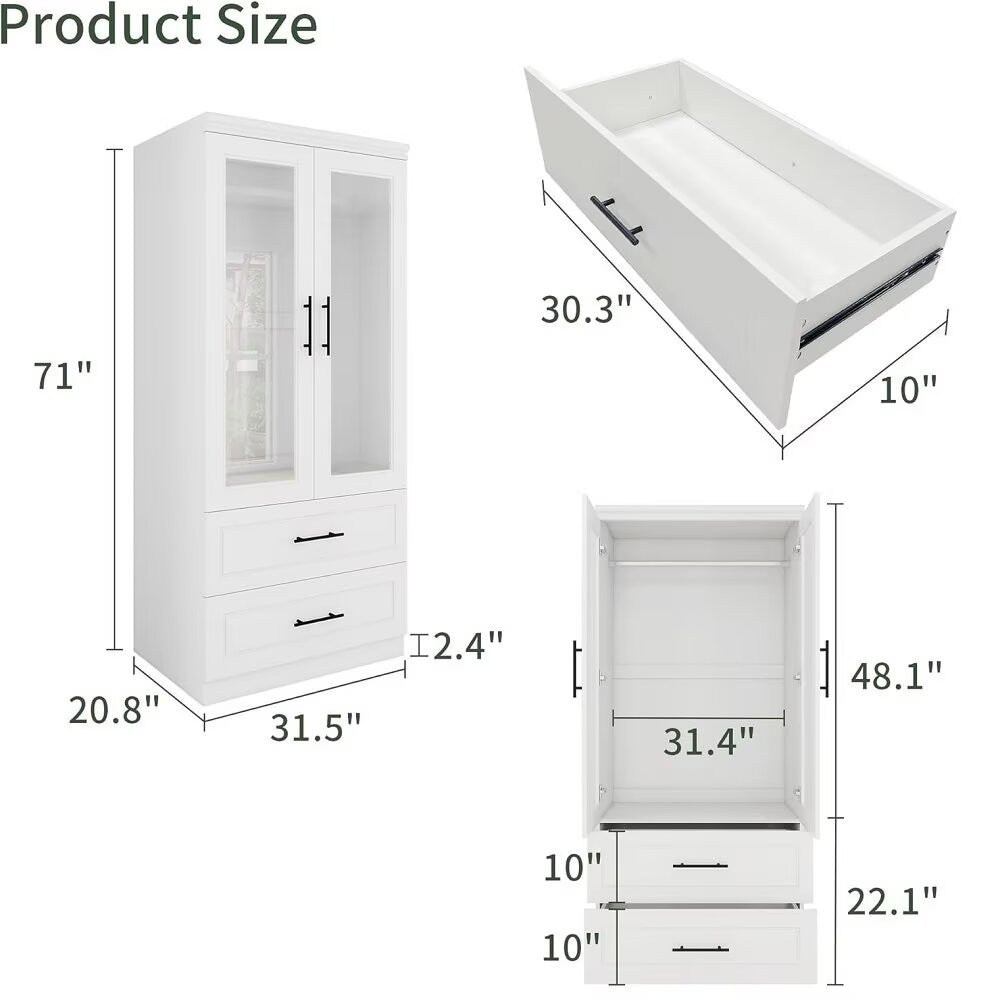 71" White And Clear Two Door Two Drawer Combo Dresser