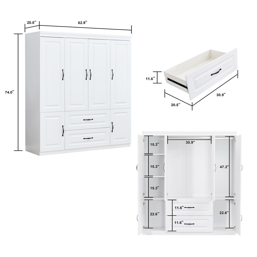 72" White Six Door Two Drawer Combo Dresser