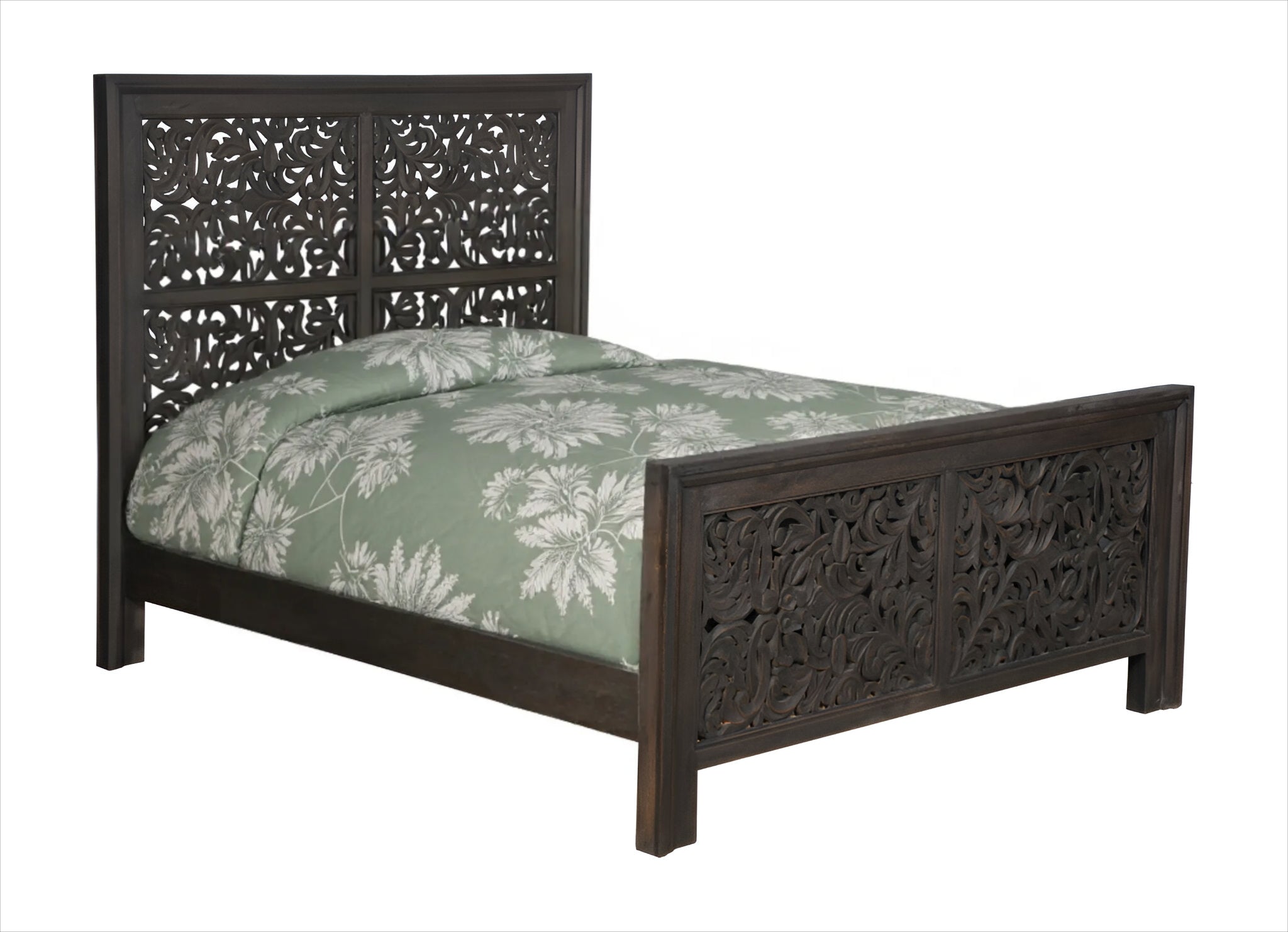Gray Carved Scrollwork Distressed Solid Wood Queen Bed Frame