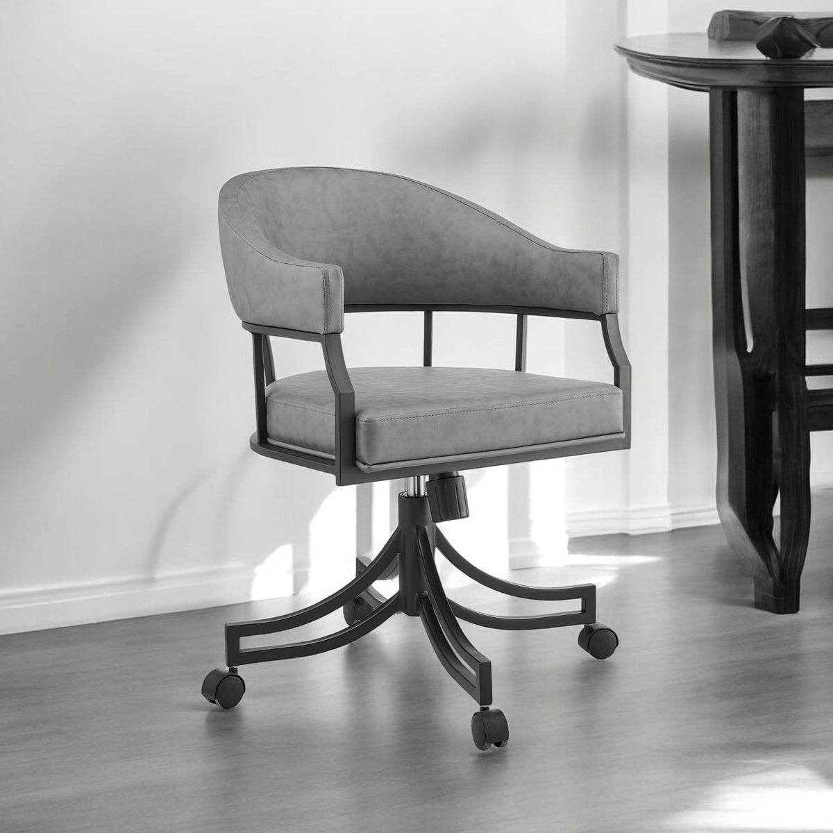 Gray And Black Upholstered Faux Leather Open Back Dining Arm Chair With Wheels