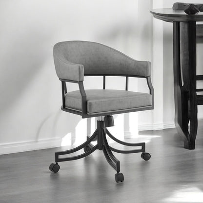 Gray And Black Upholstered Faux Leather Open Back Dining Arm Chair With Wheels