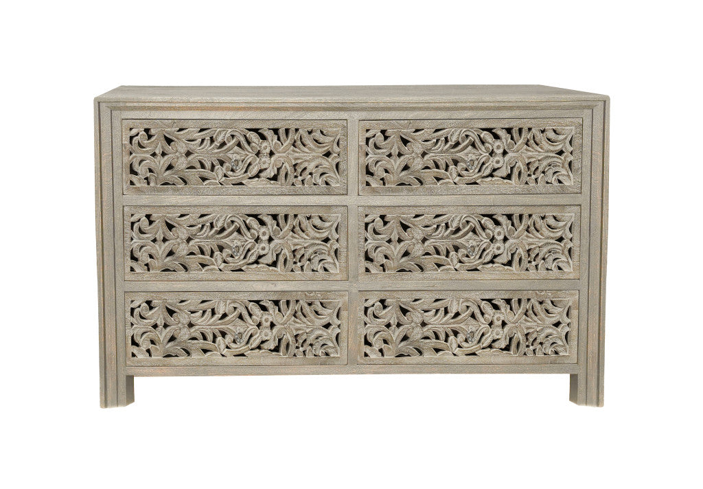 57" Gray Solid Wood Six Drawer Dresser
