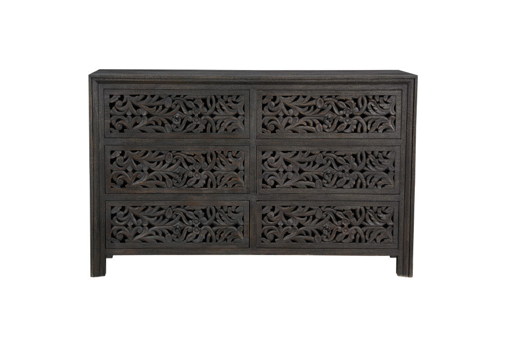 57" Black Solid Wood Six Drawer Dresser
