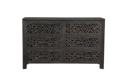 57" Black Solid Wood Six Drawer Dresser