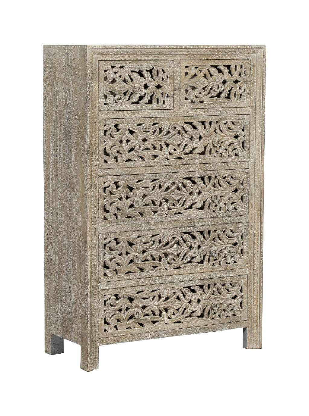 35" Gray Carved Floral Solid Wood Six Drawer Dresser