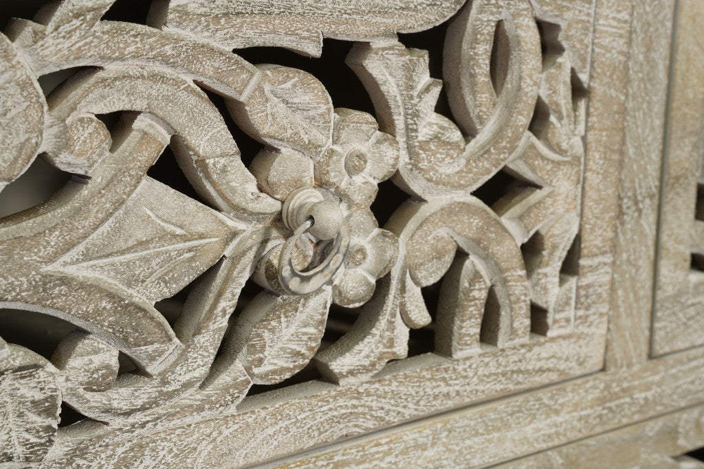 35" Gray Carved Floral Solid Wood Six Drawer Dresser