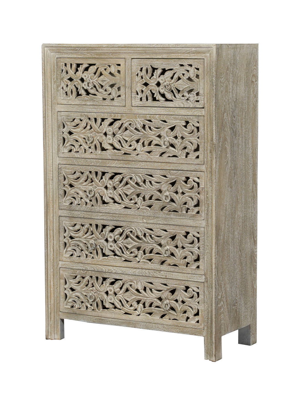 35" Gray Carved Floral Solid Wood Six Drawer Dresser
